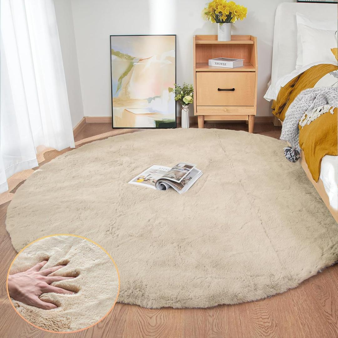 Washable Shag Round Rugs 6ft Camel Plush Faux Rabbit Furry Fur Rugs for Bedroom Large Circle Fluffy Nursery Rug (Beige)