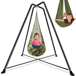 Sensory Swing Stand Frame with Pod Chair and Swing Set Kid Heavy Duty Metal Swings Stand Autism Hammock Chair Stands Tree Saucer Round for Adult Indoor Outdoor Backyard Park(Camo)