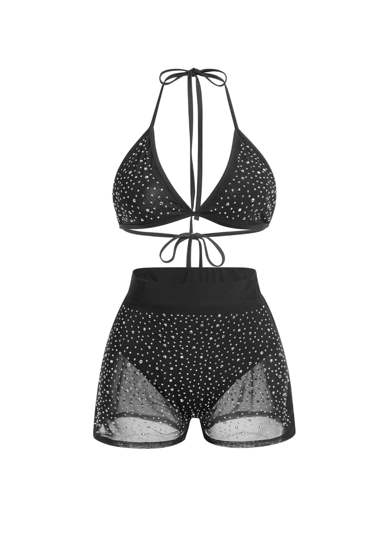 Women Sparkle Rhinestone Mesh Sheer Bikini Sets Halter Bra Top High Waist Shorts Bottom Swimsuits Rave Outfit, Small