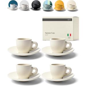 KIVY 3 oz Espresso cups set of 4 - Thick walled stoneware espresso cup set - Italian style espresso cups and saucers - Demitasse cups set of 4 - Coffee mugs - Demitasse cups and saucers sets (Cream Dotted)