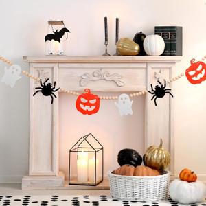 2 x Cute Halloween Garland, Spider Ghost Pumpkin Decorations Wooden Beads Felt Halloween Garland for Bedroom Haunted House Fireplace Wall Indoor Outdoor