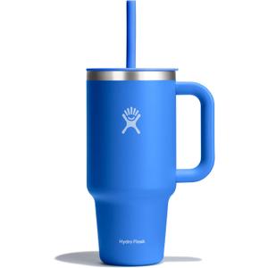 Hydro Flask Travel Tumbler with Handle, Lid and Straw - Insulated Stainless Steel in 32 Oz Blue (Cascade)