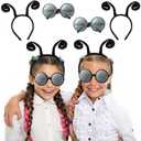 Yopyame 4PCS Fly Costume Bug Accessories Set Black Velvet Bug Antenna Headband with Glasses Insects Hairband Glasses Firefly Dragonfly Costume Accessories Bug Headband and Glasses for Cosplay Party