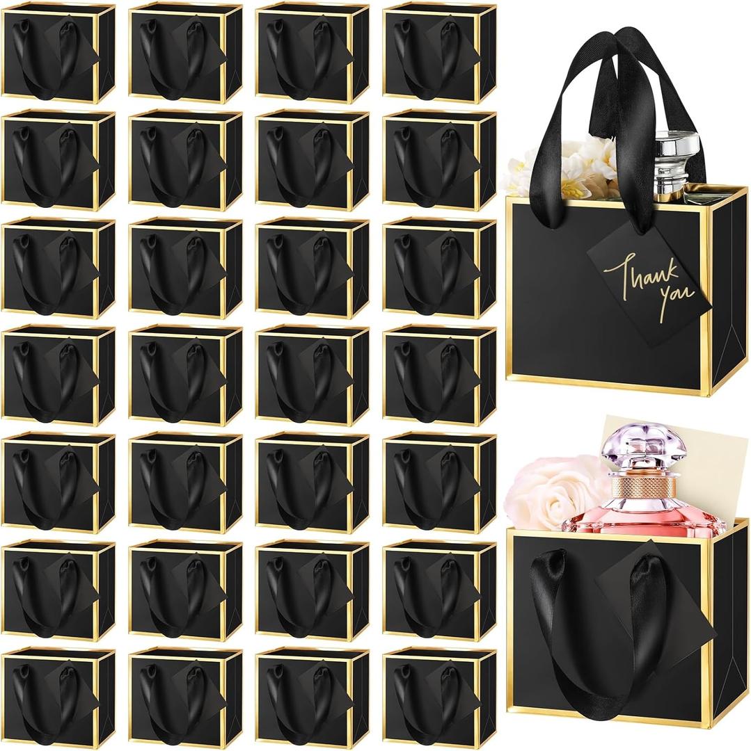 Yeaqee 50 Pcs Mini Metallic Foil Gift Bags with Handles 4x4.75x2.25'' Valentine Tiny Thank You Favor Bag with Tag for Winter Galentine New Year Welcome Wedding Baby Shower Birthday(Black, Gold)