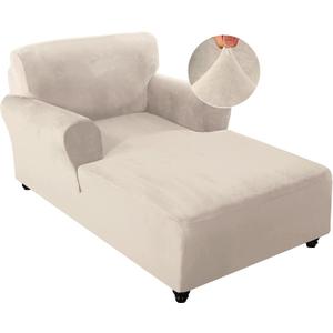 FantasDecor Velvet Chaise Lounge Cover Stretch Double Arm Chair Slipcover for Living Room Bedroom Soft Plush Fabric Machine Washable, Ivory