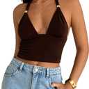 Milumia Women's Metal Deep V Neck Halter Top Sexy Backless Slim Fit Party Crop Tops (Brown, M)