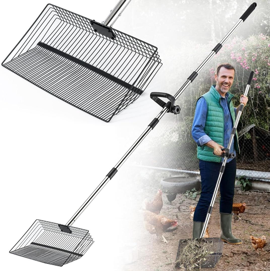 15 Inch Large Chicken Poop Scooper, Chicken Coop Scooper with 38" to 76" Adjustable Stainless Steel Handle, Litter Sifting Shovel for Chicken Coop, Farm, Sheep Pen, Cat Litter, Stable Cleaning