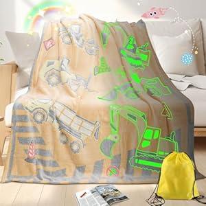 Excavator Glow in The Dark Tractor Blanket with Travel Bag Soft Cute Truck Blanket Gifts Toys for Kids Boys Child Teen Birthday Christmas Halloween Construction Kit Room Decor 50"x60" (Yellow)