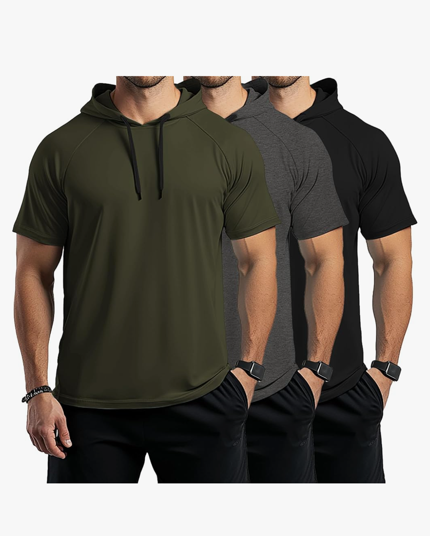 Ficerd 3 Pack Big and Tall Men's Hoodie Short Sleeve Workout T Shirts Casual Running Athletic Pullover Sweatshirt, 3XL