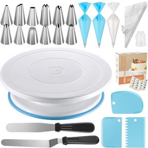 Kootek 71PCs Cake Decorating Kit, Baking Supplies Tools - Includes Cake Stand Turntable, 12 Icing Piping Tips Set, 2 Frosting Spatulas, 3 Scrapers, 50+2 Piping Bags, Coupler, Video Tutorial, Booklet (Blue)