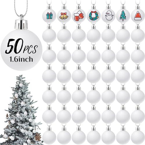 Zubebe 50 Pcs 1.6 Inch DIY White Christmas Ball Ornaments Set for Tree - Plastic Matte Xmas Balls for Crafts, Painting and Decorations