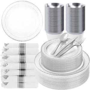 Bestluck 350PCS Clear Plastic Plates with Silver Trim for 50 Guests, Disposable Dinnerware Set for Party & Wedding, Includes 100 Plastic Plates, 50 Pre Rolled Napkins with Silver Silverware, 50 Cups