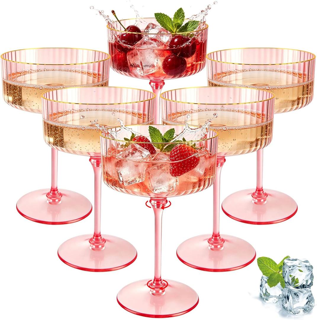 6 Pcs Pink Martini Glasses 10 Oz Plastic Cocktail Cups, Ribbed Champagne Coupe Cup with Gold Rim Cocktail Glasses Detachable Dessert Cups Glassware Bulk for Wedding Birthday Bachelorette Party