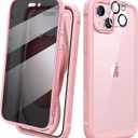 Diaclara Designed for iPhone 15 Case 6.1 Inch,Upgraded Full Body Rugged Clear Bumper Case with Built-in Privacy Screen Protector for iPhone 15,Pink