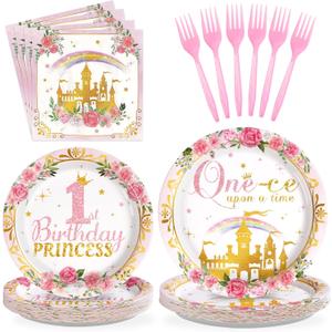 Grencian 96Pcs Princess 1st Birthday Party Decorations One-ce Upon a Time First Paper Plates and Napkins Onederland Castle Birthday Tableware for Girls Pink One Year Old Fairytale Party Supplies