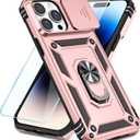 SunStory Compatible with iPhone 14 Pro Case with HD Screen Protector & Slide Camera Cover & Rotated Ring Kickstand, [Military-Grade] Phone Case for iPhone 14 Pro (Rose Gold)