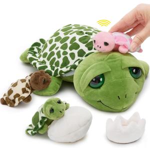 6Pcs Sound Turtle Plush Toy, 14" Talking Mother Turtle Stuffed Animal with 3 Baby Tortoise & 2 Eggs, Stuffed Educational Sea Creature for Kids, Ocean Plushies Gift for Birthday Christmas