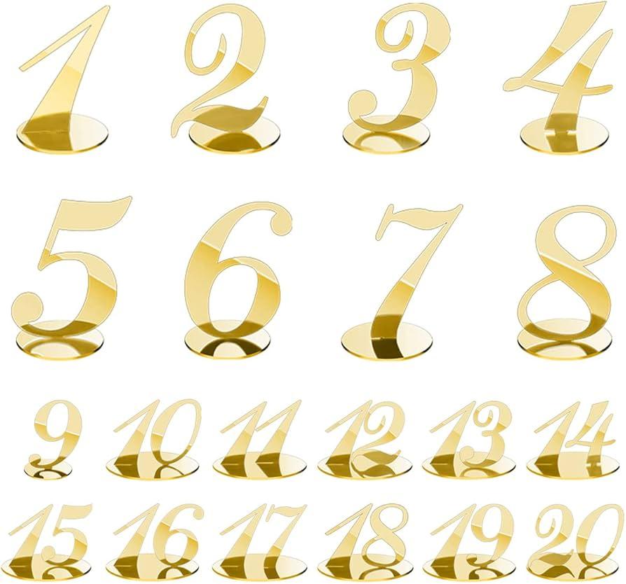 Rely2016 Mirrored Table Number, 1-20 Wedding Table Numbers Stands with Holder Base Acrylic Table Numbers Place Card Holders Reception Dcor for Wedding Banquet Birthday Party Event Catering (Gold)