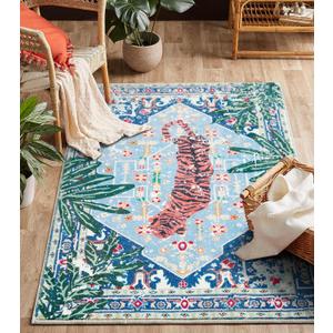 Washable Blue Rugs Thin Oriental Boho Vintage Tropical Jungle 8x10 Area Rugs for Bedroom Kitchen Dining Living Room Office Distressed Indoor Large Carpet