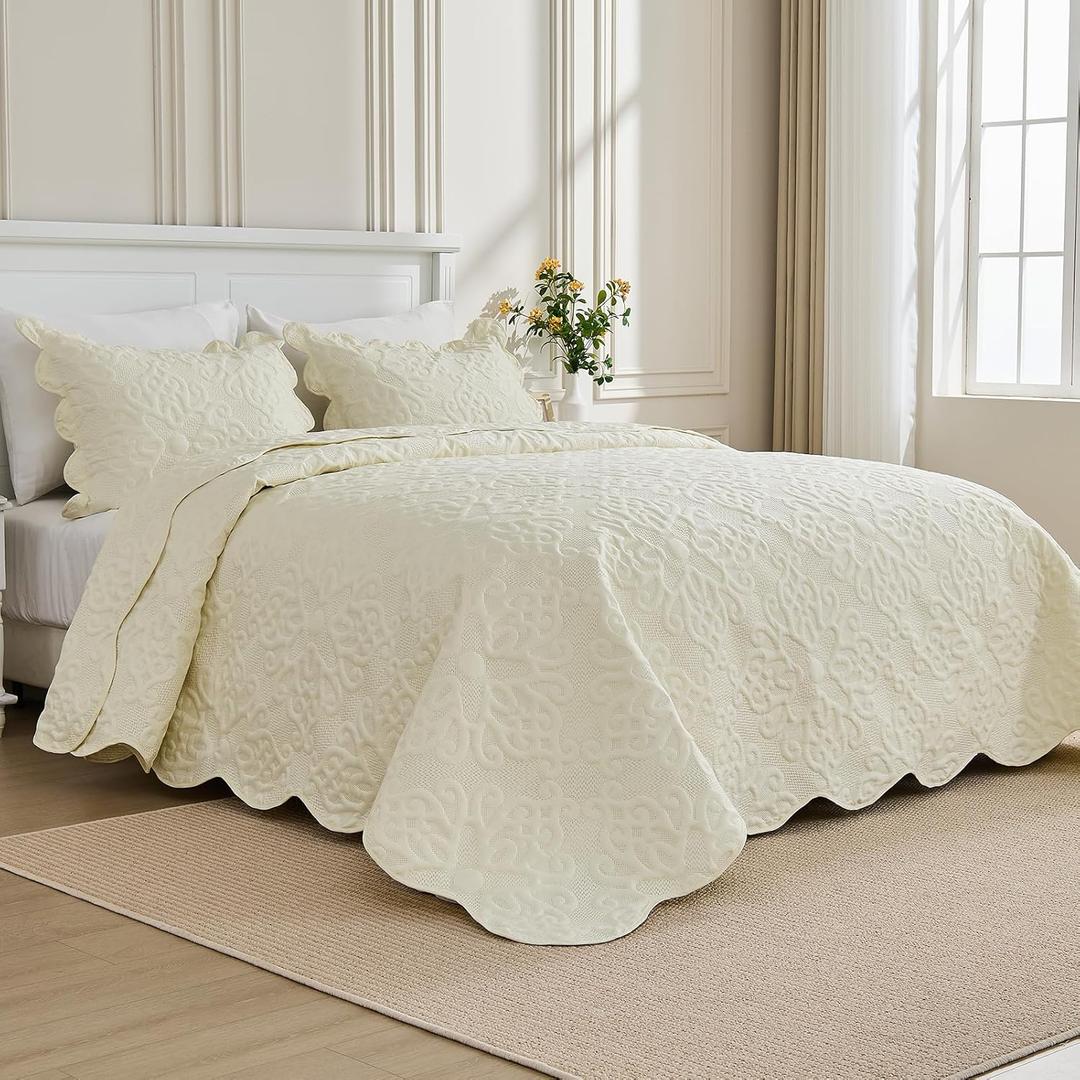 Oversized Bedspread 128x120 for Extra Tall King/California King Bed - Lightweight Quilted Coverlet Set 3 Pieces (1 Quilt, 2 Pillow Shams) - Cream