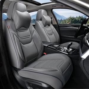 Leather Seat Covers Front Pair with Lumbar Support & Headrest, Breathable and Waterproof Car Seat Cover, Universal Seat Covers for Cars, Trucks, SUVs, Airbag Compatible, Gray