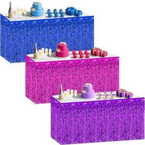 cyxevous Tinsel Table Skirt Purple Pink Blue Foil Fringe Table Decoration for Movie Hunters Party Decorations (29.5 * 108 inch)
