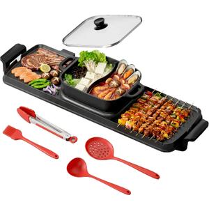 Electric Hot Pot and Grill Combo, Korean BBQ Indoor Smokeless Grill with Nonstick Surface,Large Tabletop Cooker for Family & Party, Includes Cooking Tool Set (Ladle, Strainer, Tongs, Oil Brush)