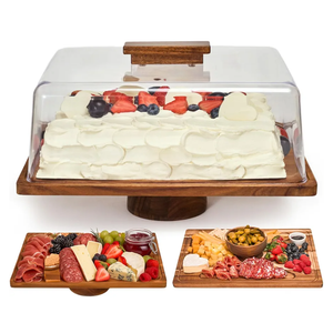 Acacia Wood Cake Stand with Lid –2-in-1 Rectangular Charcuterie Board & Dessert Display, Shatterproof Acrylic Dome Cover for Freshness, Serving Platter for Parties, Weddings, Birthdays, Gifts