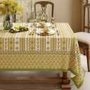 Floral Striped Block Print Tablecloth Rectangular, Farmhouse Linen Olive Green Table Cloth Heavy Weight Washable Table Cover for Spring Dining Party, 67x118''