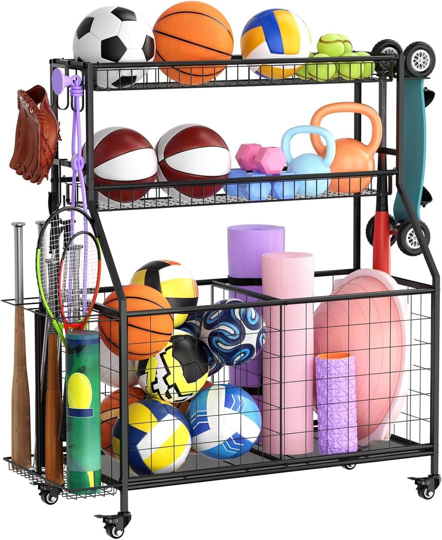 Sports Equipment Garage Organizer - Heavy Duty Garage Organization Ball Storage Rack with Basket, Hooks and Rolling Cart for Sports Gear and Toy Storage, Indoor/Outdoor Use, Black