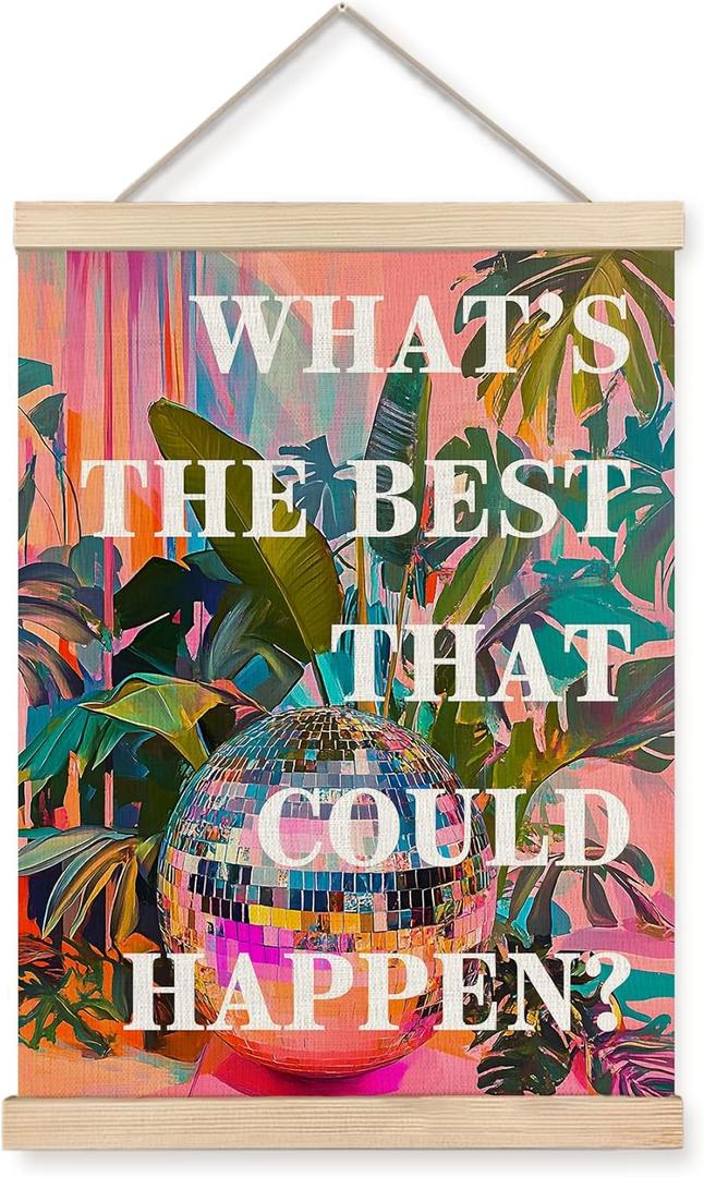 XUNLURY What's the Best That Could Happen Inspirational Poster Hanger Frame, Trendy Disco Ball Botanical Canvas Wall Art, Motivational Positive Quote Wall Decor for Home Office, 12x16 Inch