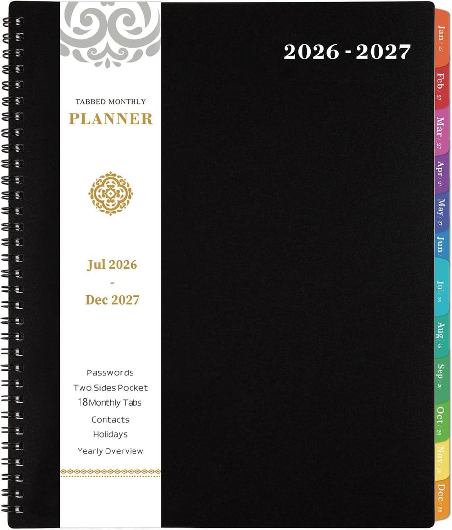 Monthly Planner 2026-2027 - JUL 2026 - DEC 2027 Planner/Calendar,18 Monthly Planner with Contacts & Passwords, 8.5" x 11" Planners 2026-2027, Colorful Tabs, Thick Paper, Black