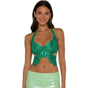 JUMISEE Women Sparkly Rhinestone Butterfly Crop Top Sexy Satin V Neck Bakless Lace Up Cami Tank Top for Rave Festival (S)