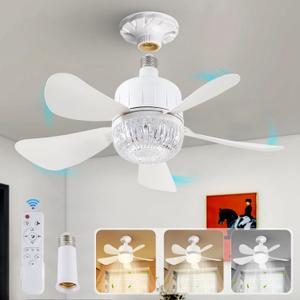 Crystal Socket Fan Light Bulb, Dimmable LED Ceiling Fans with Lights and Remote, Plug in Ceilng Fans and 1 Socket Extender, 3 Colors 3000K-6500K, Replacement Light Bulb Fan for Kitchen Garage Bedroom
