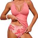 ZAFUL Womens Tankini Swimsuits Smocked 2 Piece Bathing Suits Modest Tie Back Swimwear (Pink, XL)