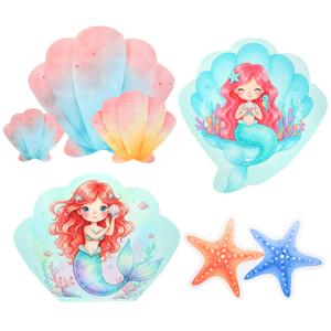 Honoson 4 Pcs Large 30" Small Mermaid Princess Birthday Cardboard Cutouts Standup, Ocean Shell Starfish Photo Backdrop Props for Princess Theme Mermaid Party Decorations