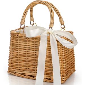 Handwoven Rattan Handbag, Wicker Rectangle Basket Purse with White Ribbon, Summer Beach Top Handle Clutch, Boho Style Woven Purse, Rustic Flower Basket for Women, Travel, Vacation, Wedding
