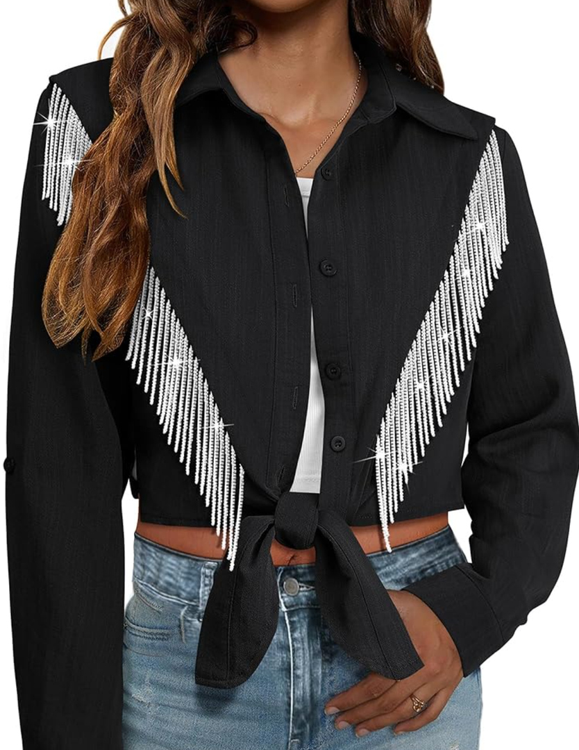 MYMORE Womens Rhinestone Fringe Cropped Button Down Shirt Rolled 3/4 Sleeve Tie Front Top Western Cowgirl Rodeo Outfit, M