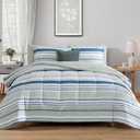 Monbix Queen Comforter Set - 7 Pieces Bed in a Bag Queen, Blue-Stripe Bedding Sets, All Seasons Comforter Bed Set with Sheets, Pillowcases & Shams