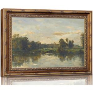 Vintage Gold Framed Landscape Wall Art Vintage River Painting Canvas Prints Landscape Wall Decor Countryside Painting Style Poster Print Artwork for Living Room Bedroom Home Decoration, 24"L x 16"W