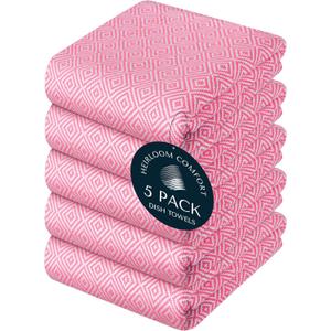 Pink Kitchen Towels 5 Pack, Ultra Absorbent, Diamond Weave Durable Towel Set, 100% Cotton, Reusable, Quick Dry Dish Towels for Cleaning Counters, Drying Dishes, Everyday Cleanup