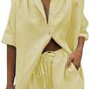 Fixmatti Women 2 Piece Outfits Long Sleeve Button Down Blouse and Shorts Sweatsuit Sets (Large, Z-buds Yellow)