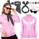 VLUV Pink Halloween Costumes Set, Women's Halloween Retro Satin Jacket Set with Scarf Headbands Glasses Accessories