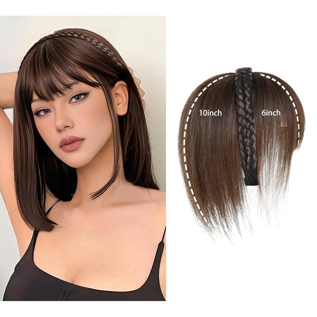 viviaBella Women 10" Twist Braid Headband Straight Hairpieces Human Hair Clip In Topper Hair Extension With Bangs Invisible Natural (Medium Brown)