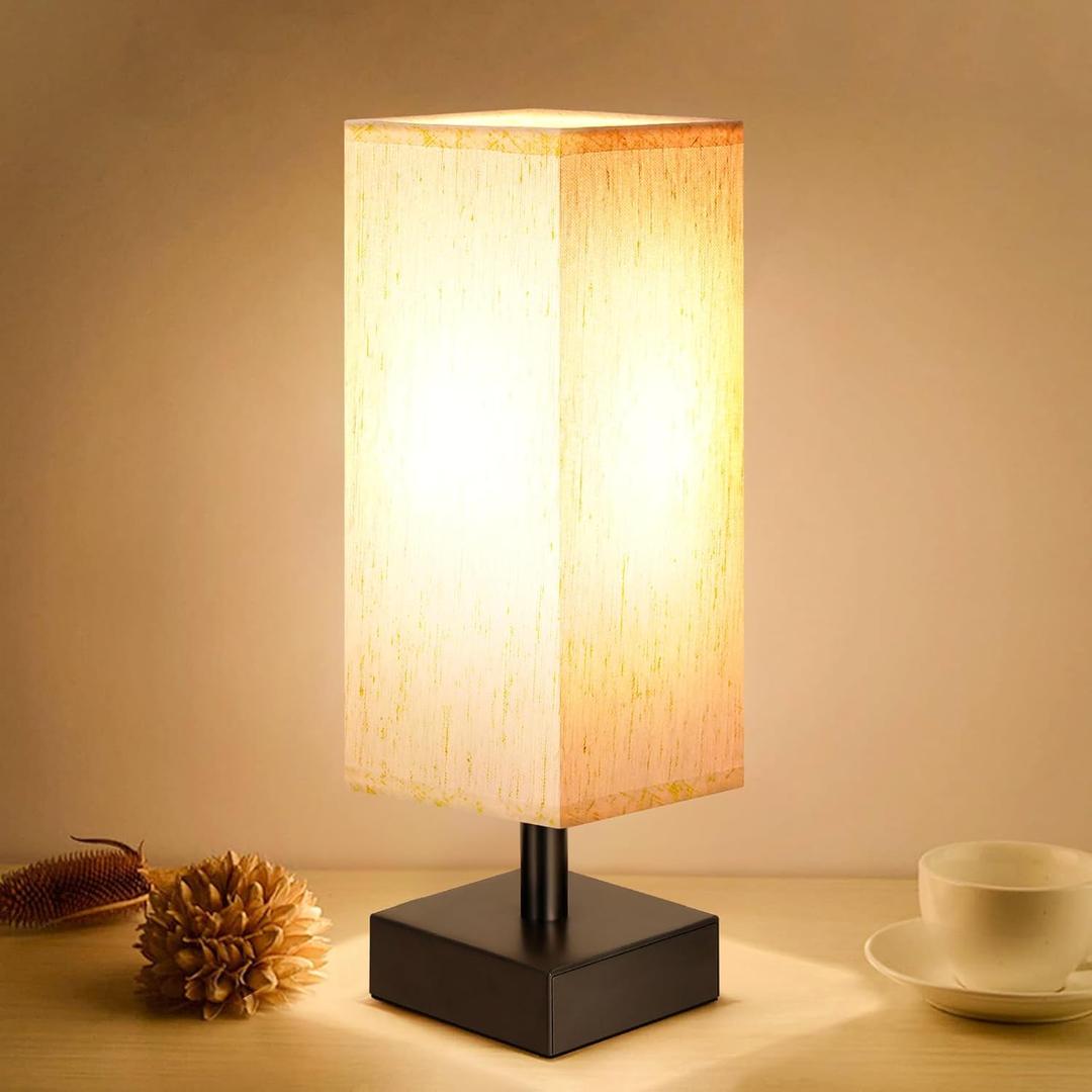 Small Table Lamp for Bedroom - Bedside Lamps for Nightstand, Minimalist Night Stand Light Lamp with Square Fabric Shade, Desk Reading Lamp for Kids Room Living Room Office Dorm (12.8in, Cream & Black)
