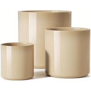 LE TAUCI Ceramic Pots for Plants, 10/8/6 Inch Indoor Planters with Draiange Hole, Silicone Plug & Mesh Pad, Modern Minimalist Pots for Home Office, Set of 3, Glossy, Sand Beige