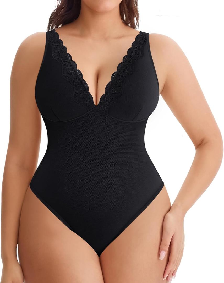 MERYOSZ Shapewear Bodysuit Tummy Control Body Shaper for Women V Neck Bodysuits Thong Lace Camisoles Jumpsuit Tops (Large, Black)