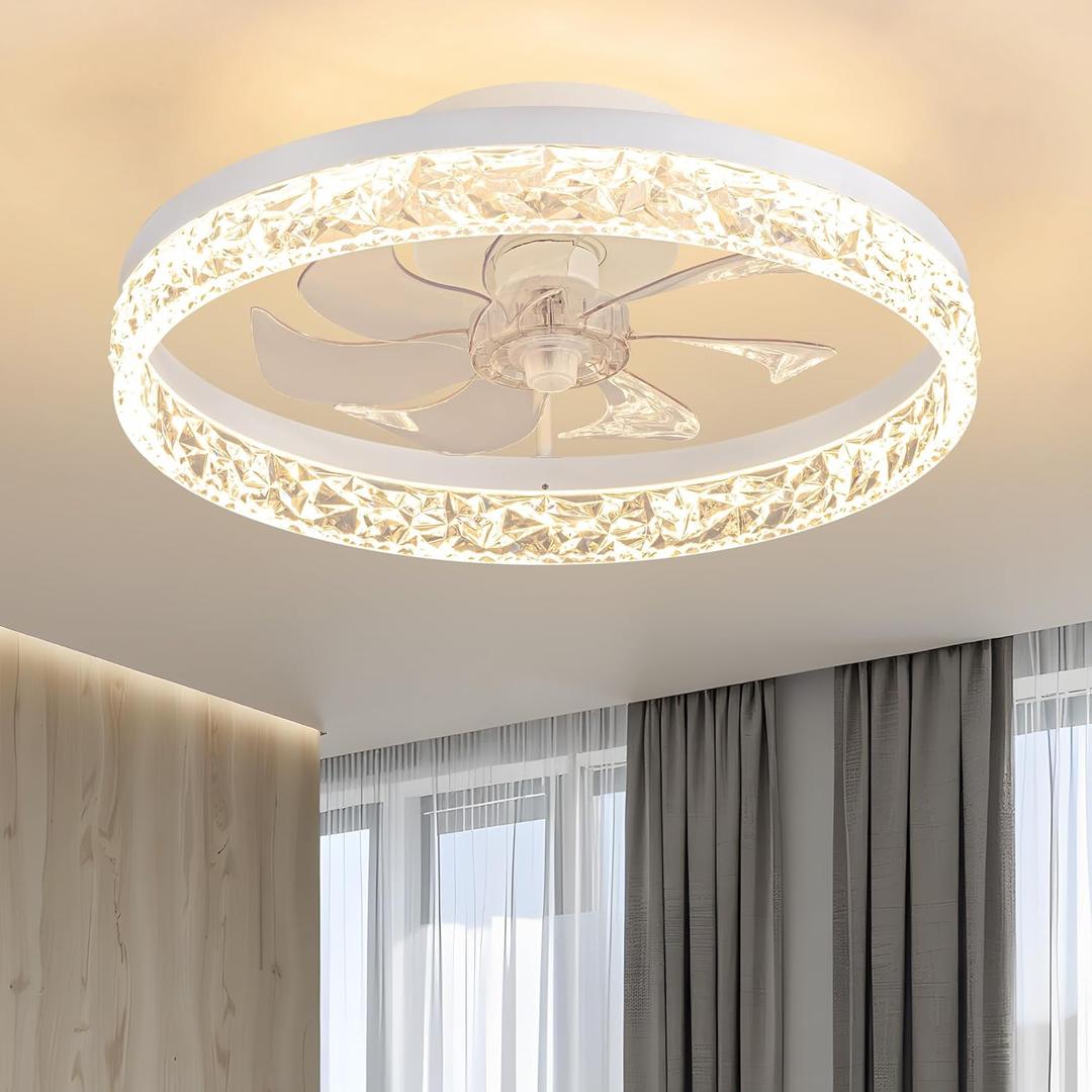 KDG 15.8" Low Profile LED Ceiling Fans with Light, Reversible Flush Mount with Remote and 6 Winds Speeds Fan Lighting, 3 Colors Dimmable for Bedroom, Living Room, Kids, Dinning Room, Kitchen (White)
