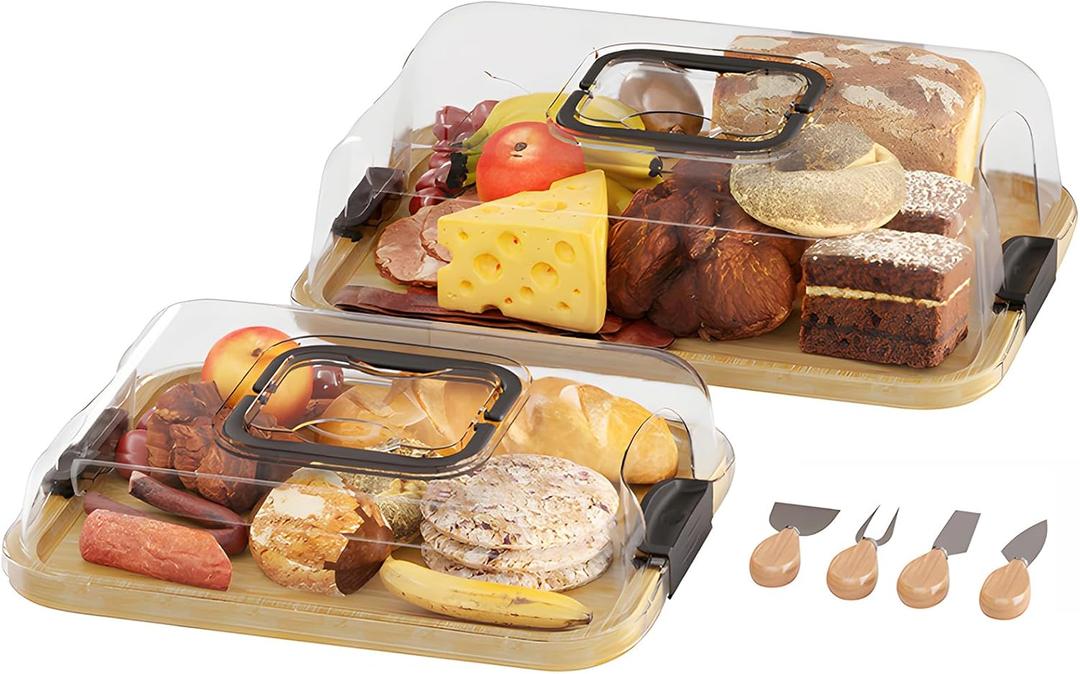 2-Pack Charcuterie Board with Lid 4" Heightened Lid - 14.2" & 13.4" Bamboo Trays Entertaining - Housewarming Warming Gifts New Home, Gifts for Women - Large Food Platter (Dimensions: 14.5" x 11" x 4.5" | Code: DG-L&M)