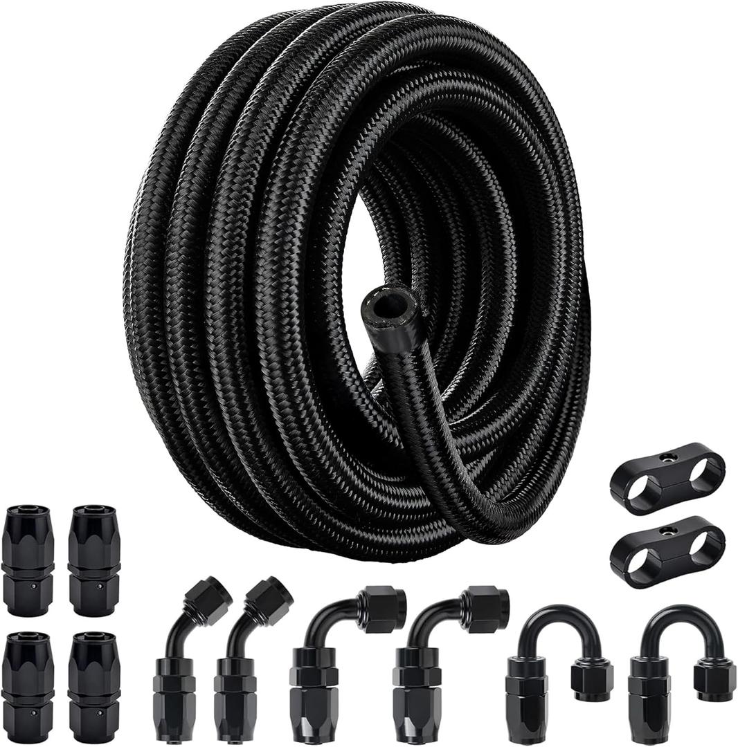 EVIL ENERGY 6AN Fuel Line Kit, 6AN Nylon Braided Fuel Line Hose Fitting Kit CPE 25FT Black